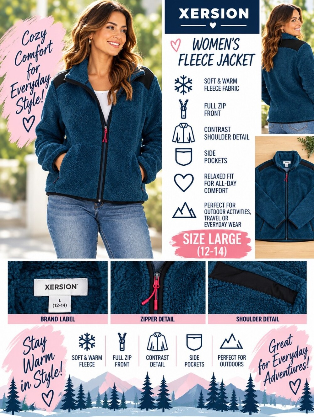 Xersion women's large blue fleece zip up jacket #35